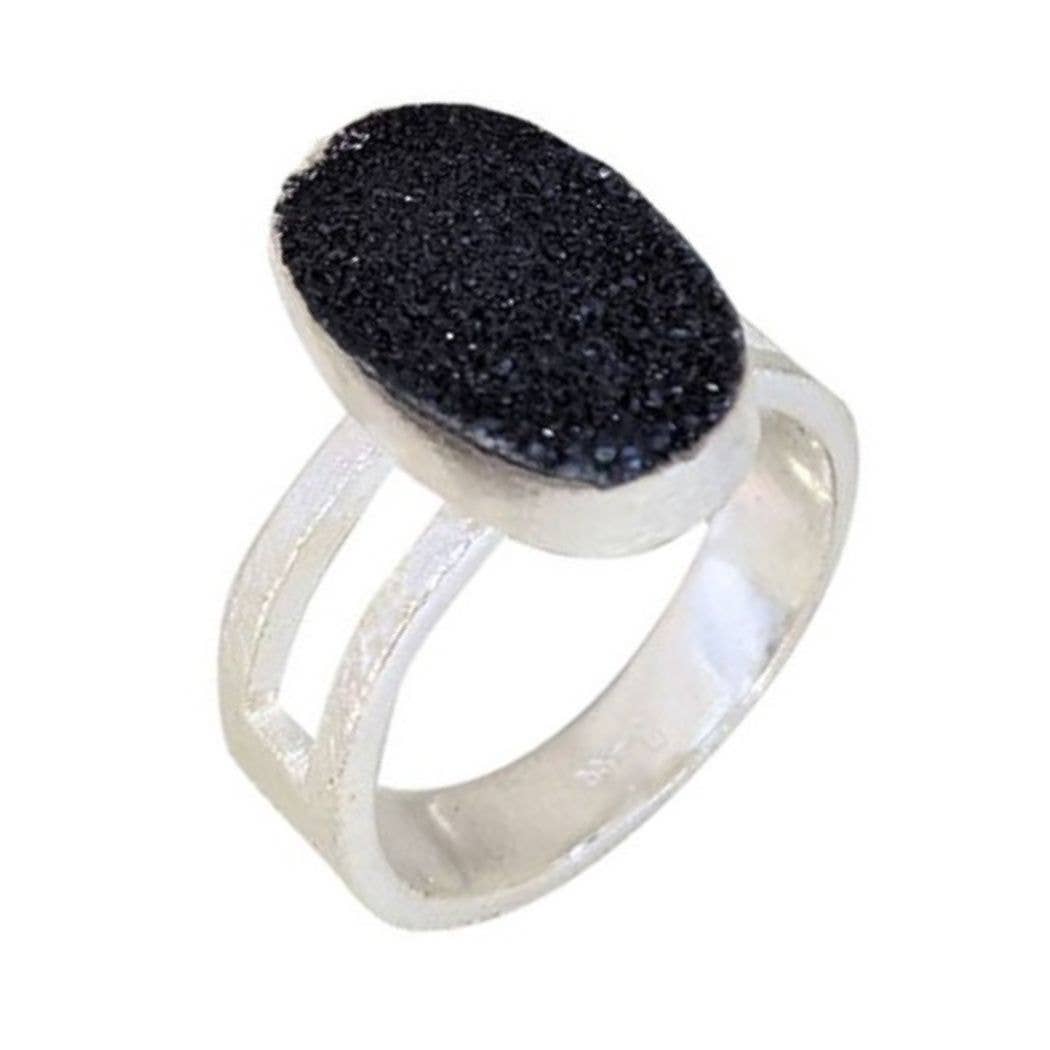 Saraswati Imports - Wholesale Cocktail/Statement Ring - SALE King's Ransom Black Druzy Silver Ring