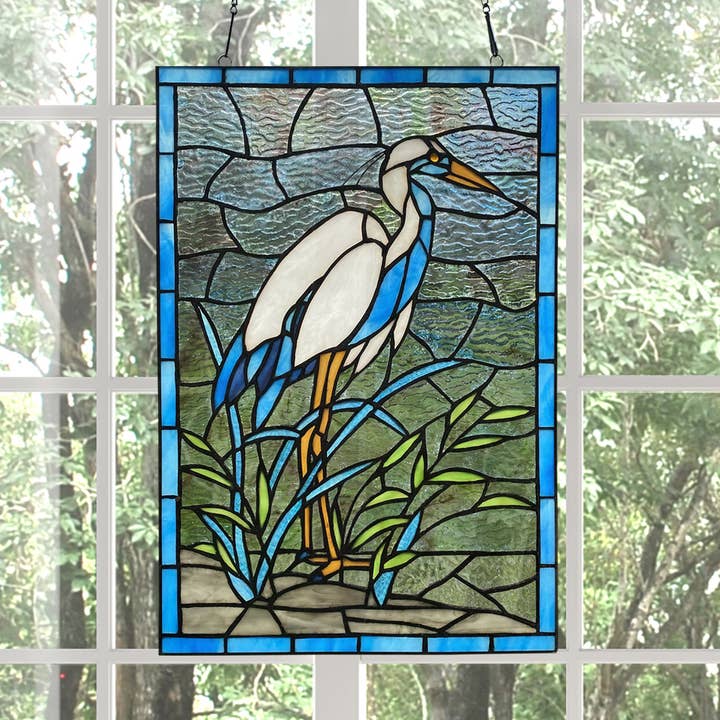 18"H Majestic White & Blue Crane Stained Glass Window Panel for wholesale by River of Goods