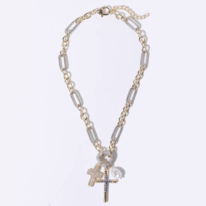 CZ Hjärta & Kors Pärlhänge Chunky Kedjehalsband för wholesale av Fashion City