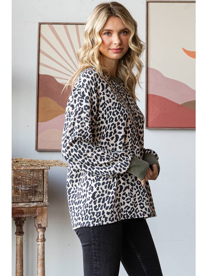 7th Ray - Wholesale Knit Top - Women's - Rib Animal Print Drop Shoulder V Seam Long Sleeve Top T581717