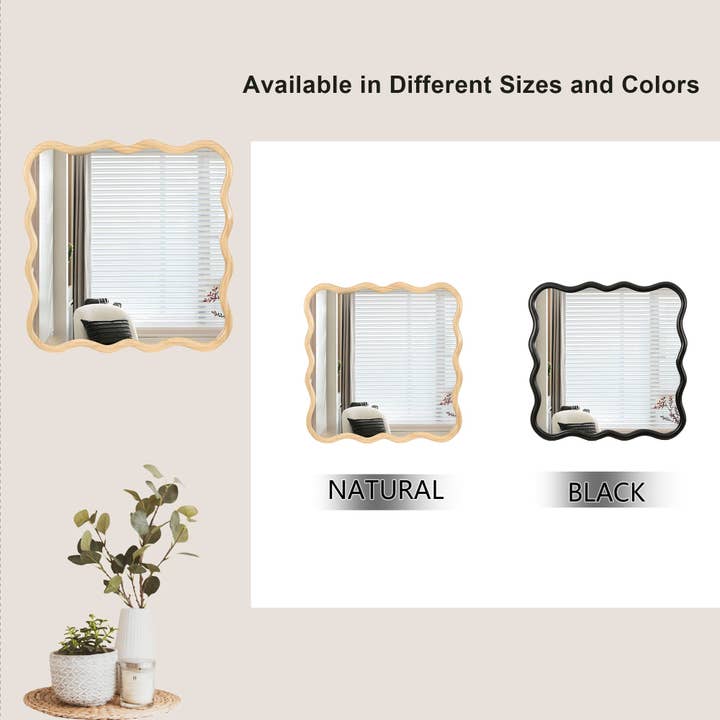Orange County Decor - Wholesale Wall Mirror - Solid Wood Wavy Square Mirror Natural Wood 36" X 36" Modern Mirror Wall Decor For Bathroom, Bedroom, Living Room, Dining Room, Cloakroom, Entryway Natural Wood Glass Solid Wood