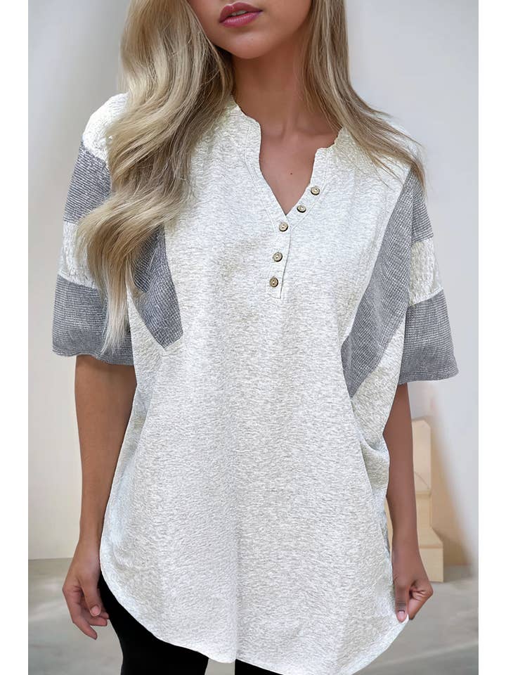 Gray Two Tone Waffle Knit Patched Buttoned V Neck Top (S-XL) for wholesale on Faire