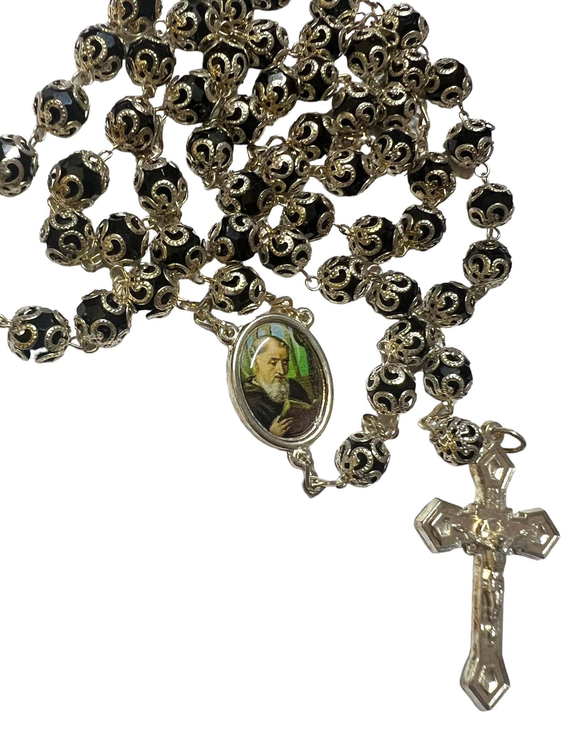 SAN JUDITAS RELIGIOUS ARTICLES - Wholesale Prayer Beads Necklace - CRYSTAL CAPPED ROSARY: BLACK -ST. BENEDICT1