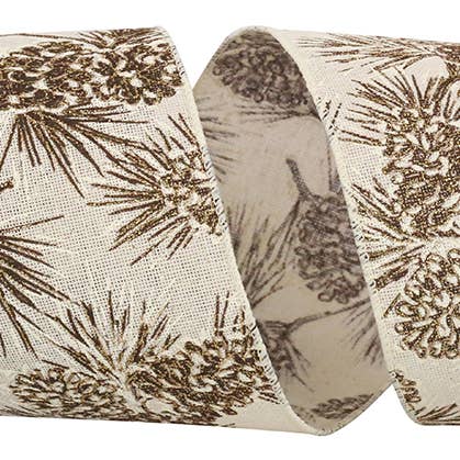 Pinecone Glitter Outlines Linen Wired Edge, Ivory, 4 In for wholesale by RELIANT RIBBON