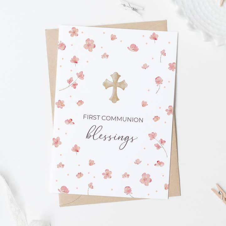 Girls Floral Holy First Communion Flat Stationery Note Card for wholesale by Lilly Belle Paperie