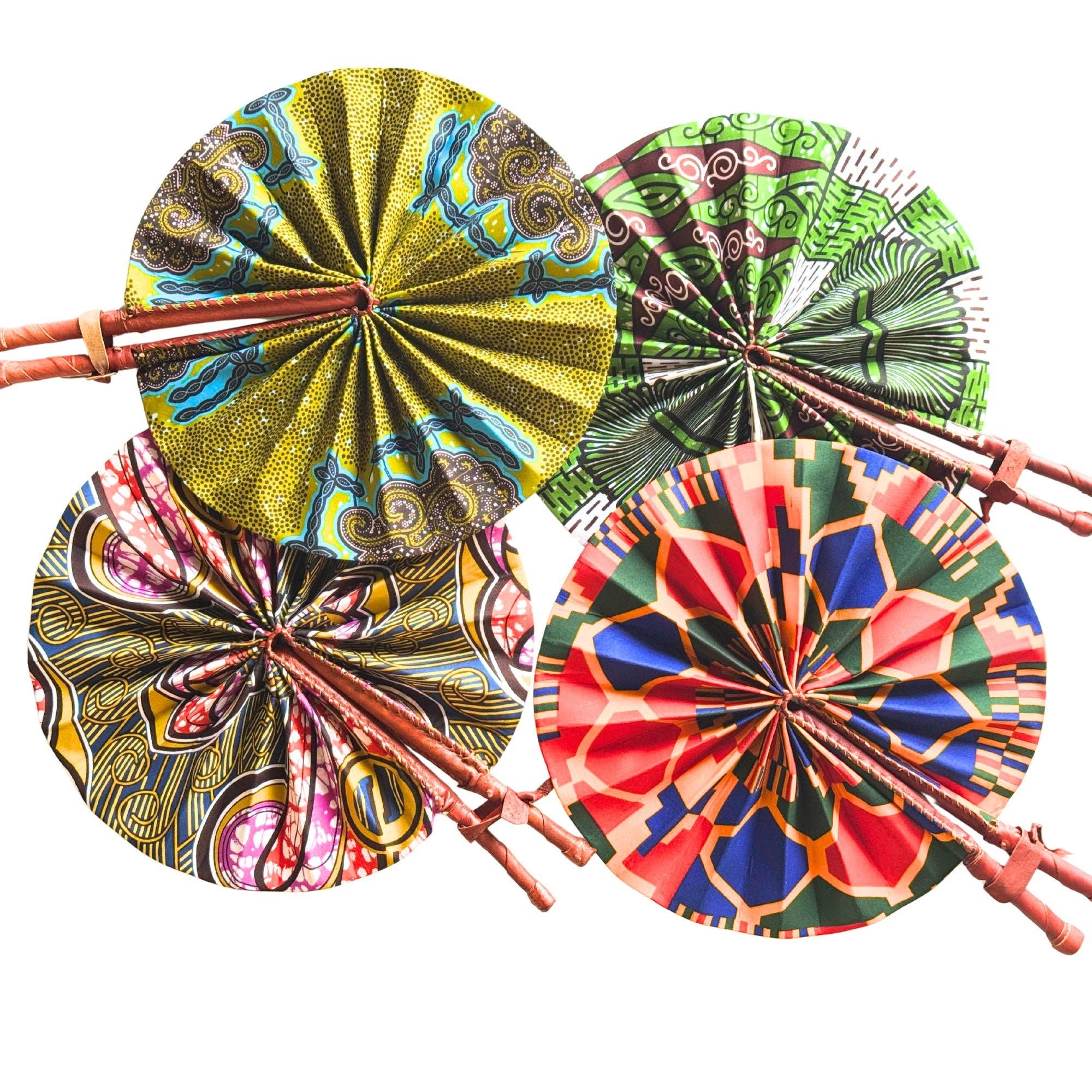 Global Crafts - Wholesale Handheld Folding Fan - Kenya Bright Kitenge Fan with Leather Handle7