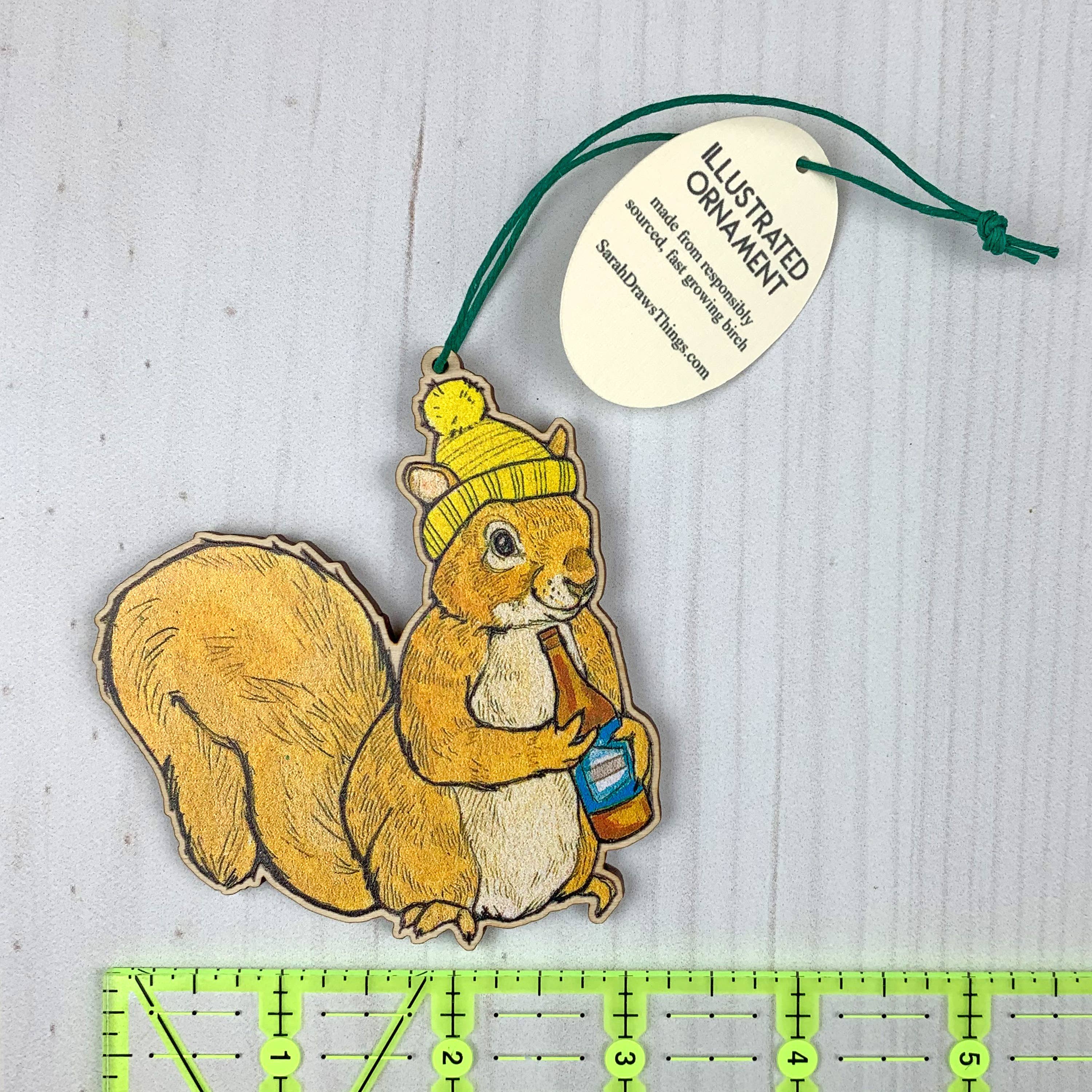 Sarah Draws Things - Wholesale Ornament - Beer Squirrel- 3.5" illustrated wooden tree ornament3