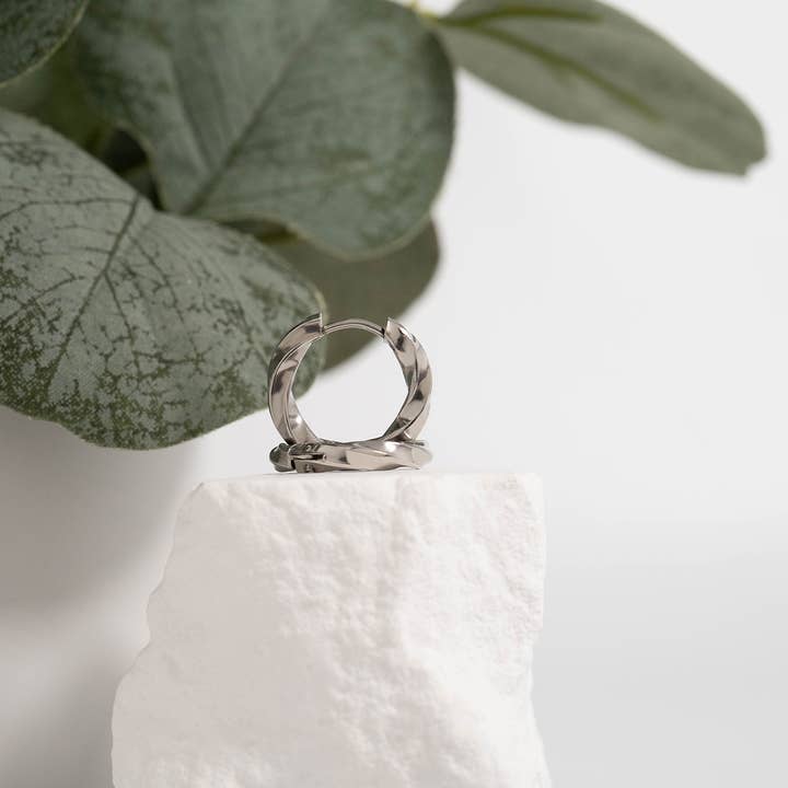 WJW - Wholesale Huggie Earrings - 18K Gold PVD Stainless Steel Textured Twisted Huggie Hoop Earrings / ERJ00264