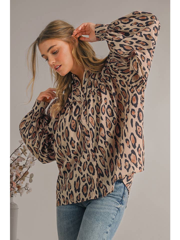 As shown Wild Leopard Print Loose Fit Long Sleeve Shirt | S-XL for wholesale on Faire