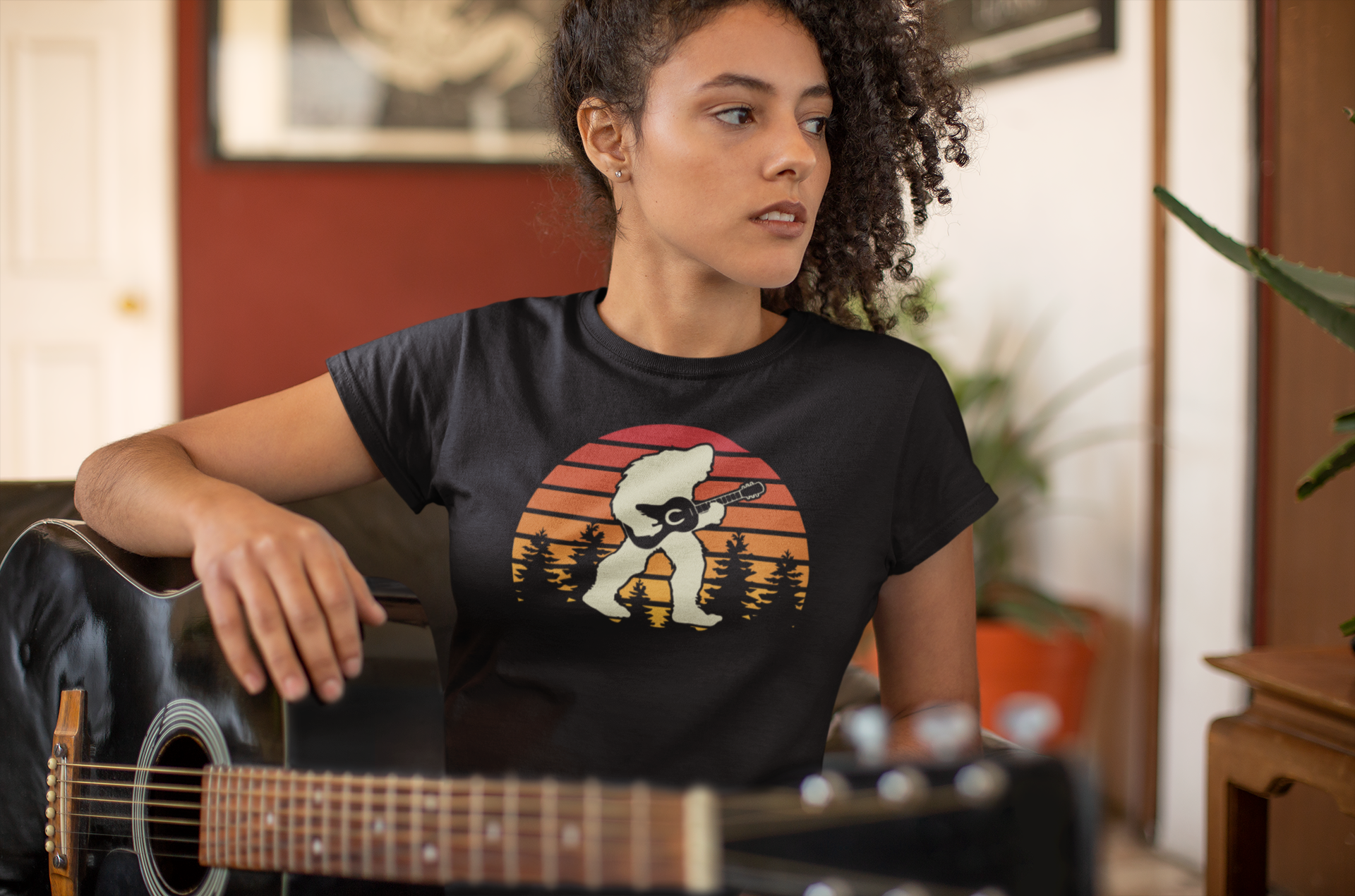 Heather Graphite Yeti Playing Guitar Shirt for wholesale on Faire2