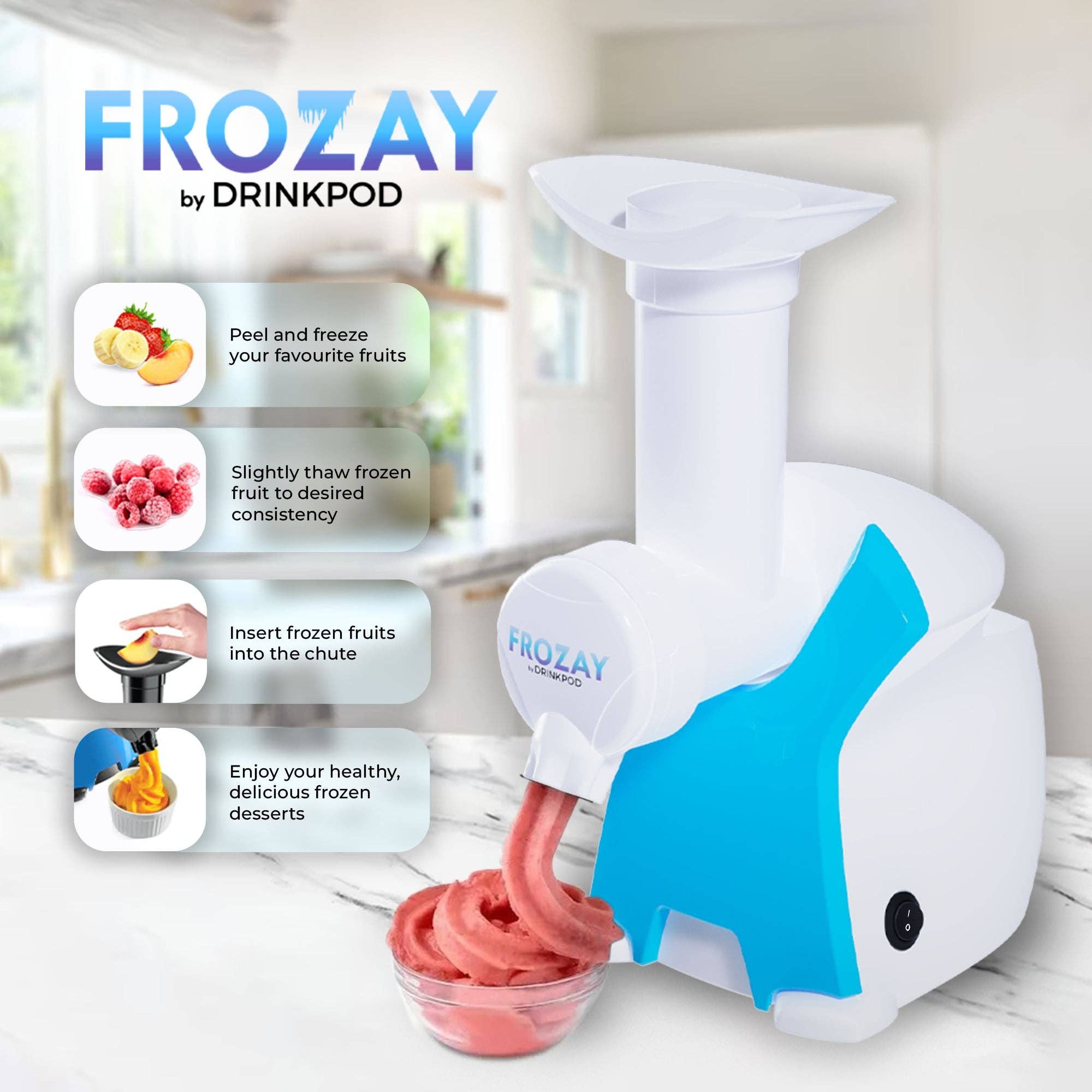 DRINKPOD LLC - Wholesale Kitchen Appliance - Frozay Dessert Maker 2.8 qt. Color Blue, Vegan Ice Cream & Frozen Yogurt Maker Soft Serve Desserts With Recipes (Black/Blue)7