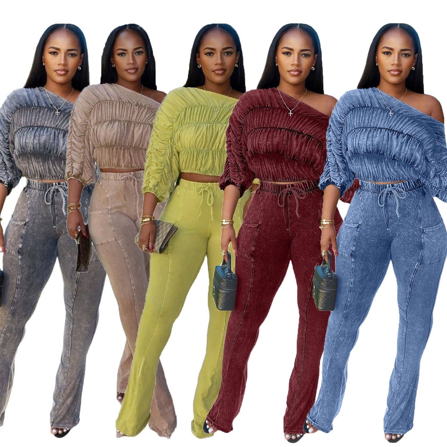 MB Fashion Wholesale - Wholesale Top & Pant Set (NOT Loungewear) - Women's - MB FASHION Ruched Off-Shoulder Top & High-Waist Flared Pants Set 95325