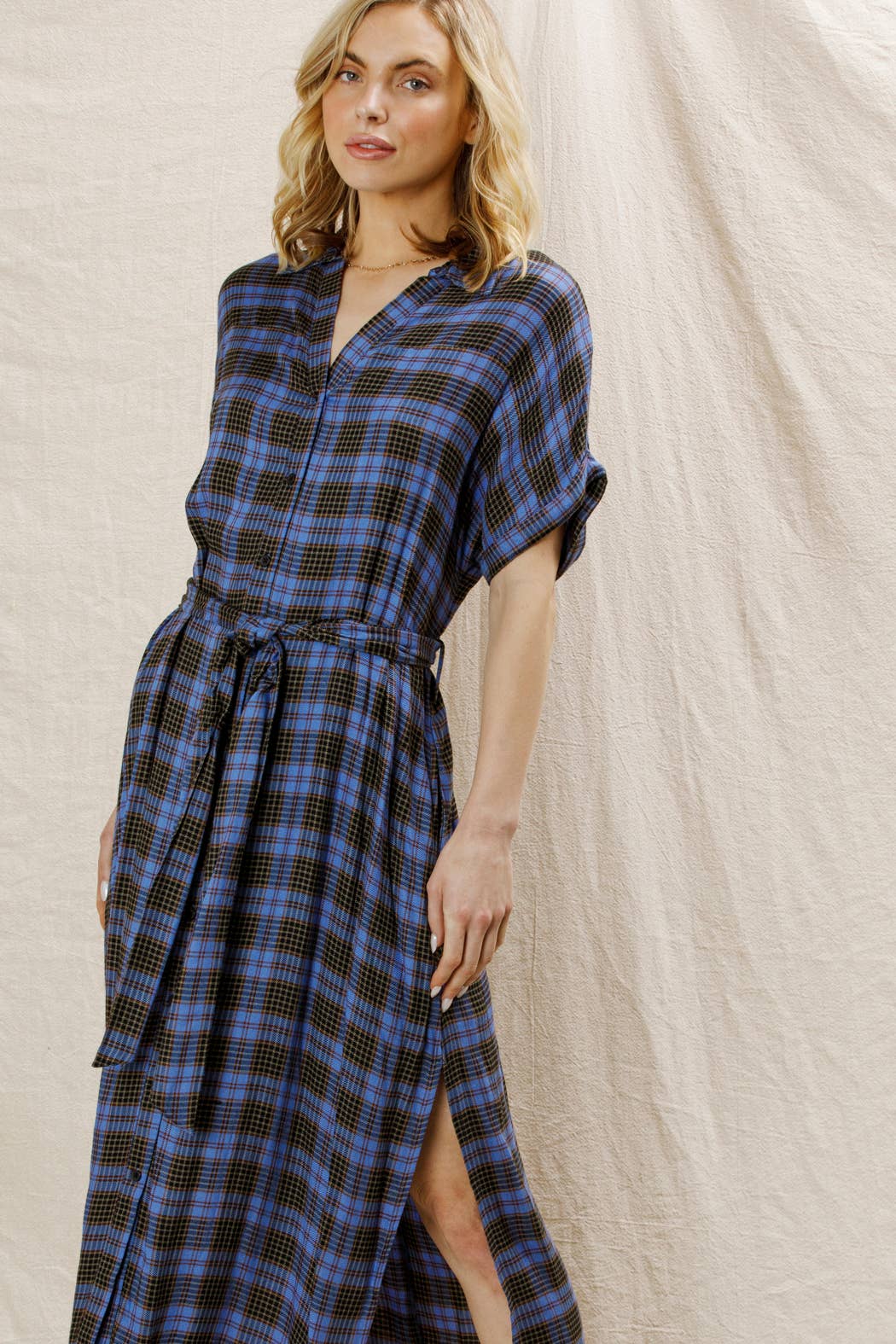 BLUE BLACK Plaid Button Down Belted Shirt Dress for wholesale on Faire3