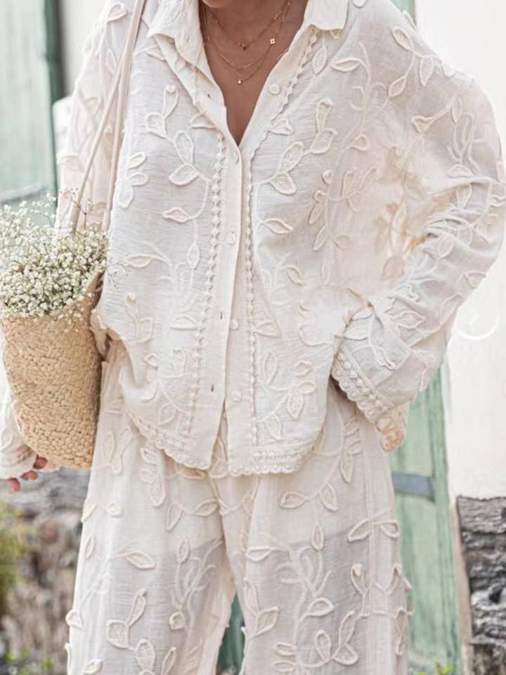 WHITE Floral Jacquard Pants for wholesale on Faire1