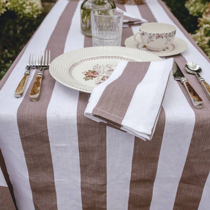 Heirloomed Collection - Wholesale Tablecloth - Linen Tablecloth - Broad Stripe in Tobacco