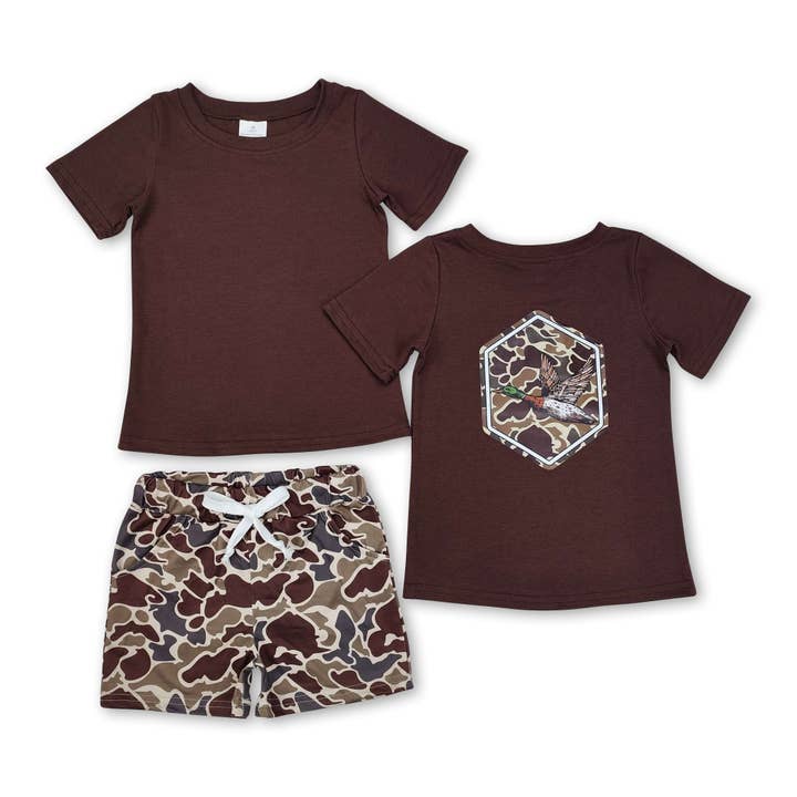 Yawoo Garments - Wholesale Top & Short Set - Kids - Brown camo duck top pocket shorts boys clothes