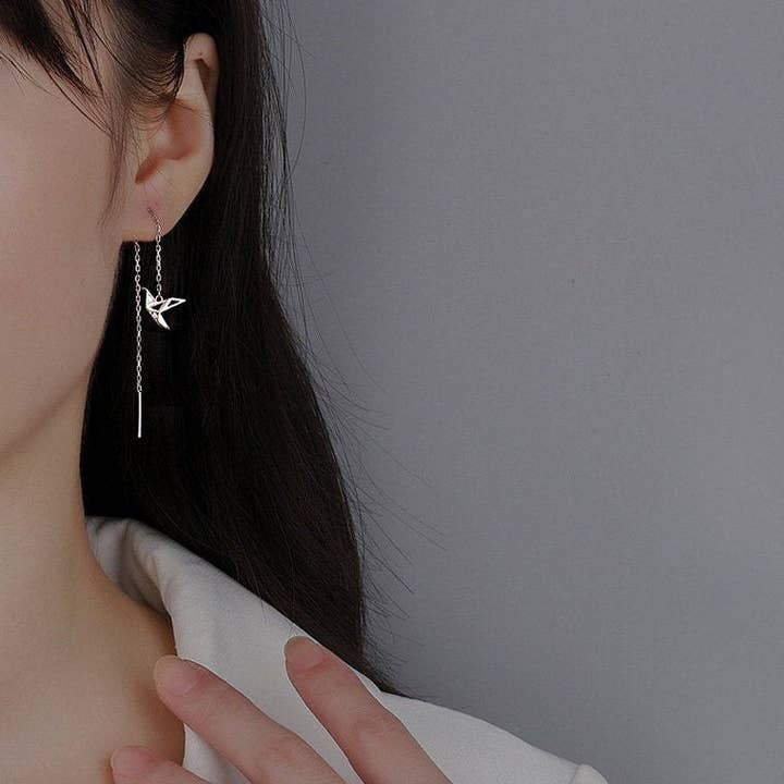 Perimade & Co. LLC - Wholesale Dangle Earrings - Japanese Orizuru Threader Earrings in 925 Sterling Silver