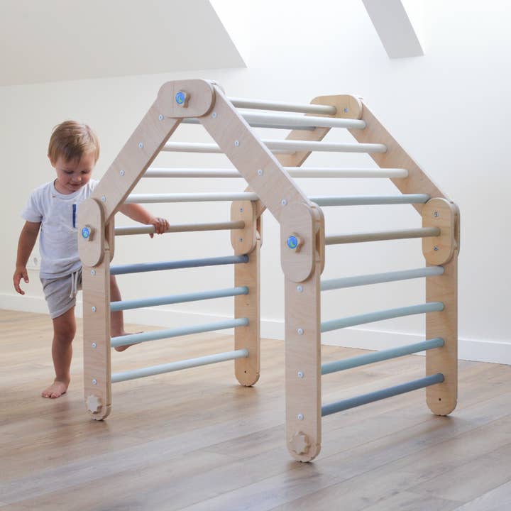HappyMoon - Wholesale Wood Toy - Kids - Blue Transformable Climber, Modifiable Pikler Triangle