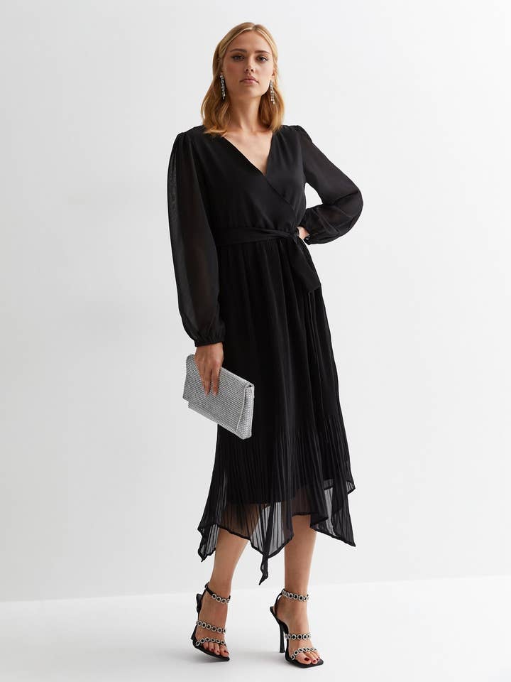Black Pleated Hanky Hem Wrap Midi Dress for wholesale by GINI LONDON