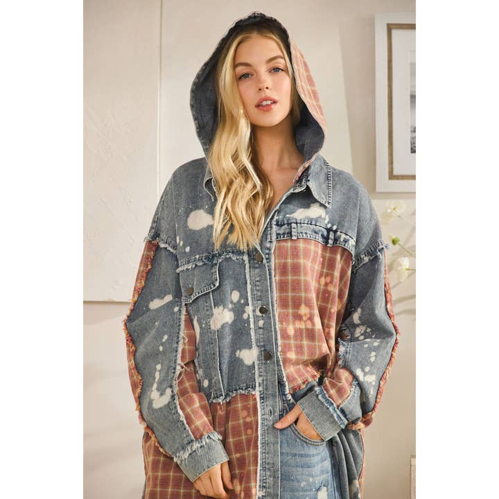 WASHED BLEACHED DENIM PLAID BUTTON FRONT SHACKET for wholesale by Oli&Hali