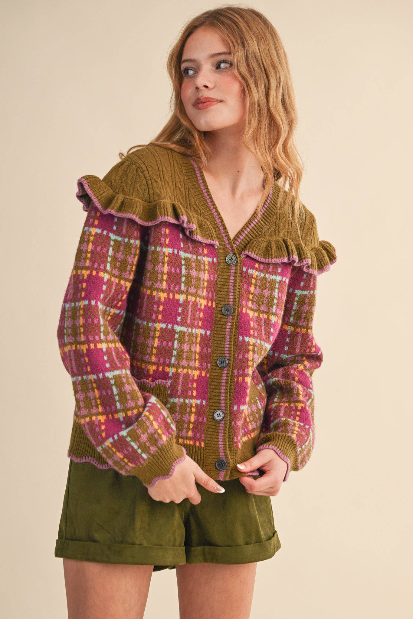 &MERCI - Wholesale Cardigan - Women's - RUFFLED YOKE PLAID SWEATER CARDIGAN MSW1118533
