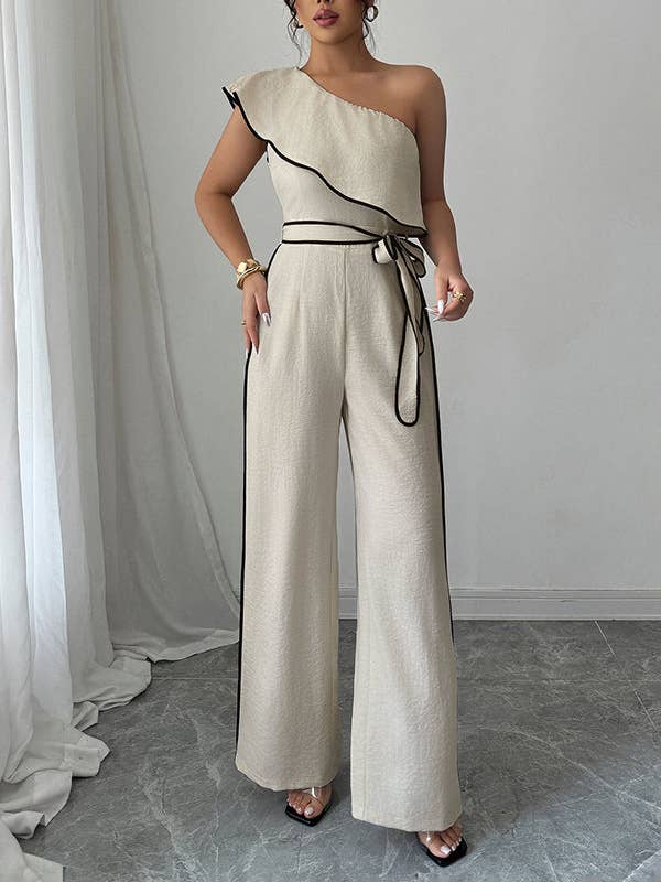 High Waisted Wide Leg Elasticity Tied Waist One-Shoulder Jumpsuits for wholesale by Basis Fancy