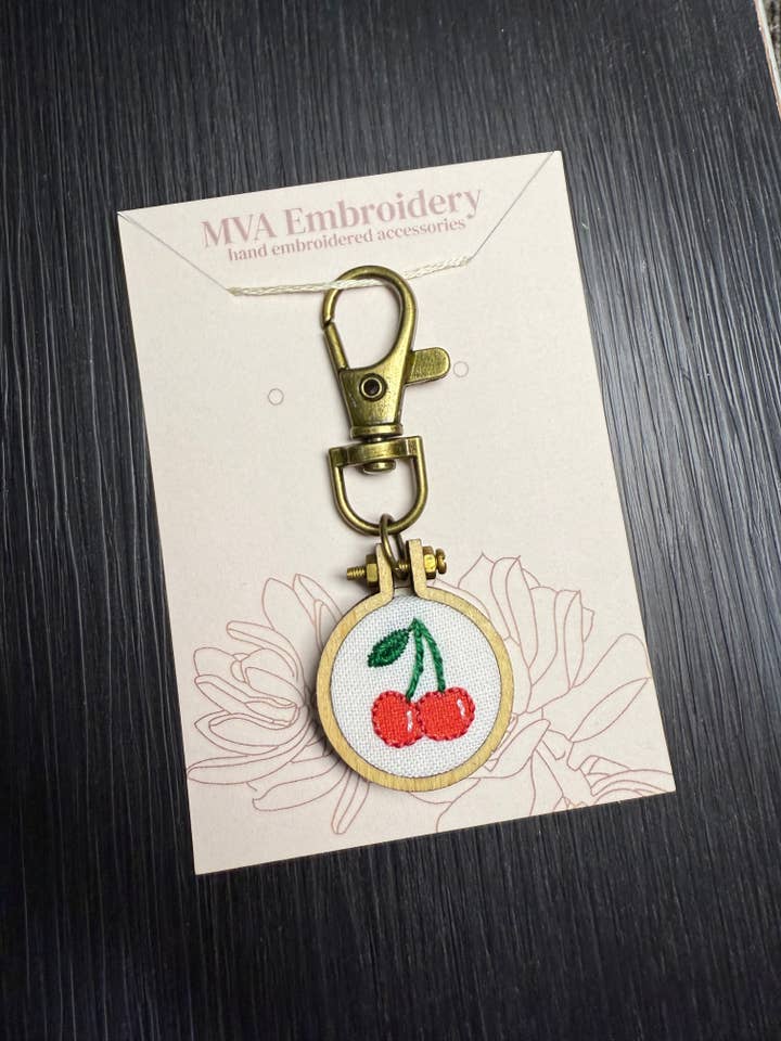 Hand Embroidered Cherry Keychain | Bag Charm for wholesale by MVA Embroidery