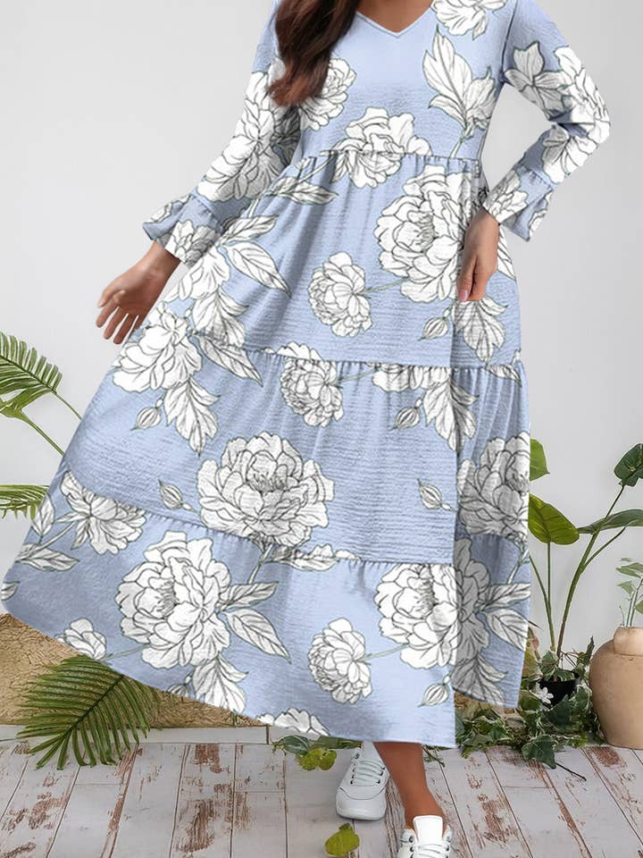 Robe maxi à volants taille plus avec manches bracelet florales et col en V pour la vente par 66DISCO