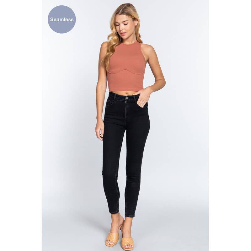 MintChoco – Großhandel Strickoberteil – Damen – NAHTLOSES CROP-TOP MIT UNTERSTREICHUNGSDETAIL3