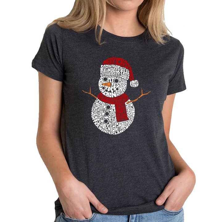LA Pop Art - Wholesale Screen Printed T-Shirt - Women's - Christmas Snowman - Women's Premium Word Art T-Shirt