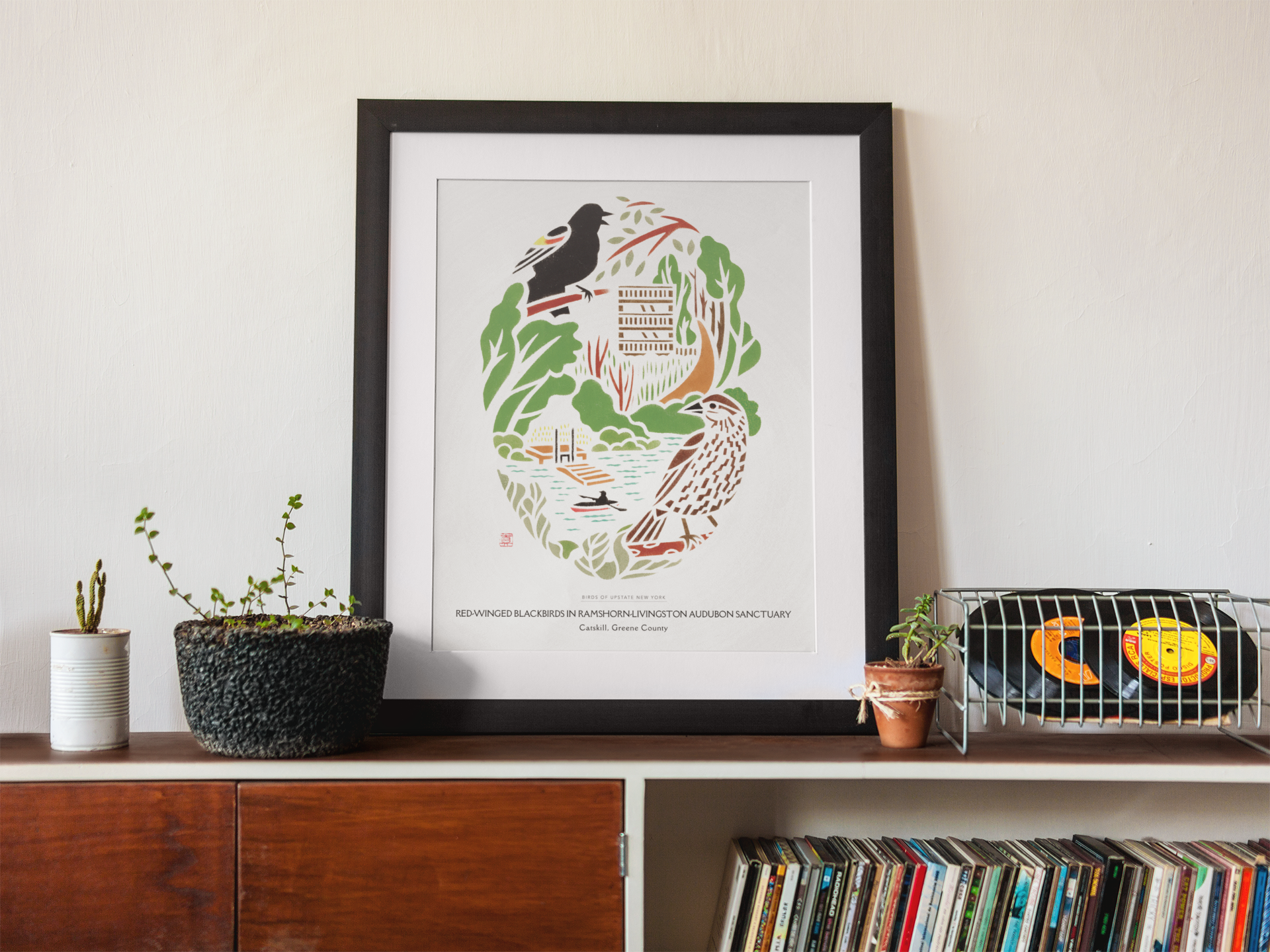 Mayuko Fujino Bird & Nature Art - Wholesale Art Print - Art print: Red-winged Blackbirds in RamsHorn-Livingston2