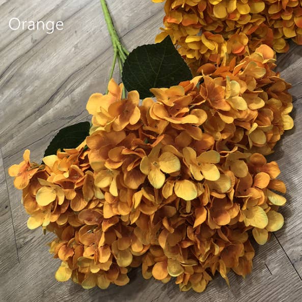 Sweet Home Deco – wholesale Artificial flowers – 18" Super Soft Silk Hydrangea Artificial Flower YellowOrange4