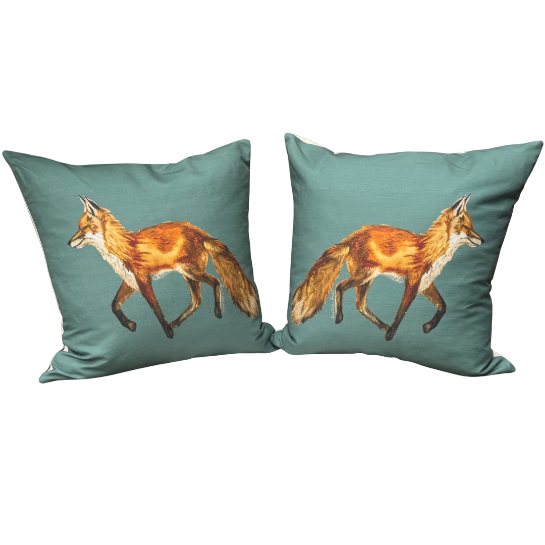 Goose and Willow - Wholesale Throw/Decorative Pillow - Throw Pillow - Fox on Green Linen Cotton1
