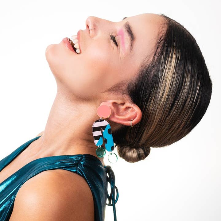 Geometric earrings with pattern and coral/green acrylic #NI014 for wholesale by Goiaba Design