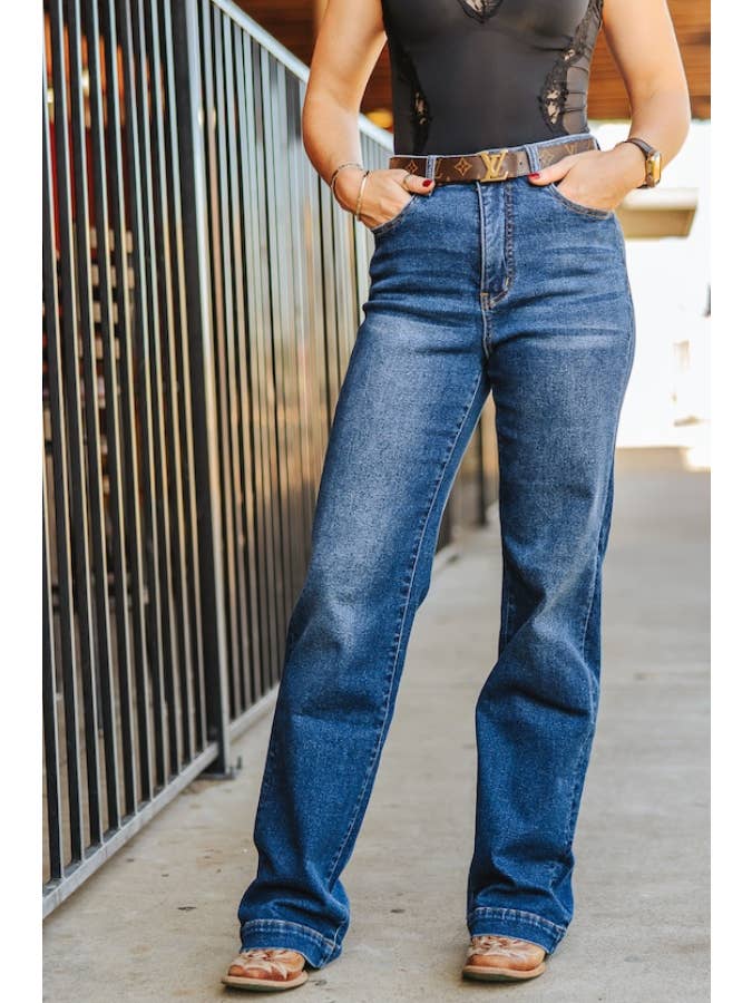 LUCKY & BLESSED - Wholesale Jeans - Women's - Logo Dark Wash Denim Embroidered Flare Jeans (33.5in)