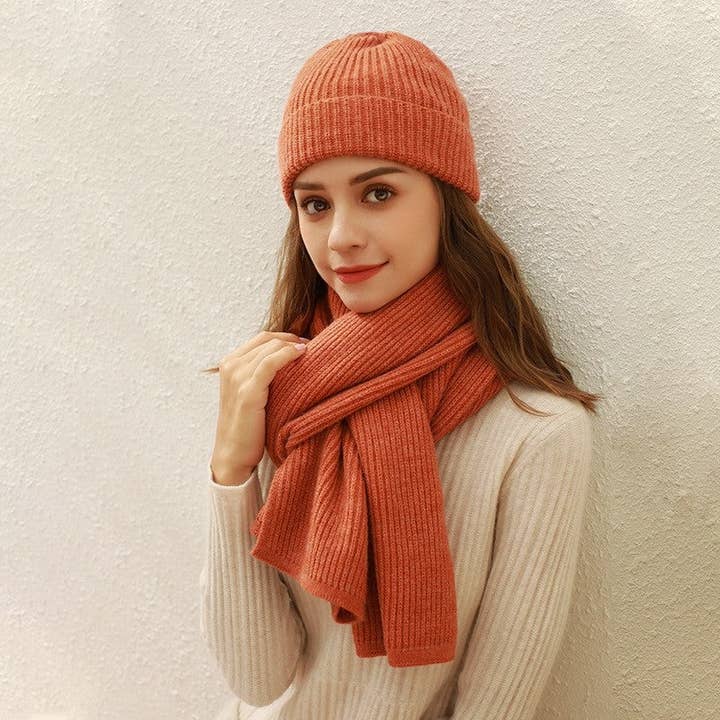 FurDecoration - Wholesale Beanie - Women's - Solid Color Ribbed Knit Scarf And Hat Set4