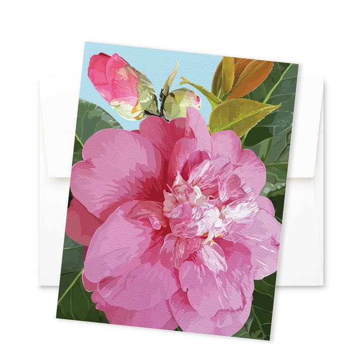 Floral Notecard | Pink Camellia Flower with Buds for wholesale by The Red Barn Press
