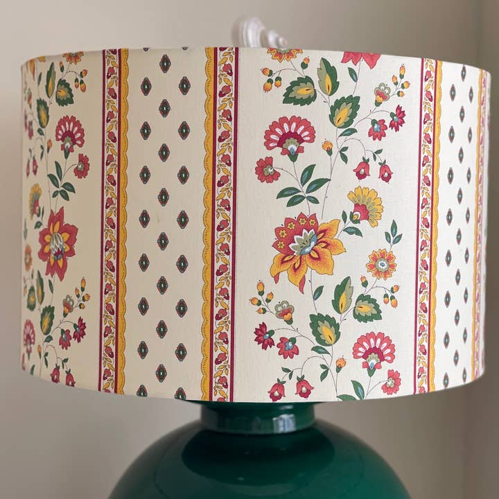 Olive and Limpet - Wholesale Lamp Shade - 16 Inch Drum Lampshade. French Cotton Fabric. Orange and Red Faience Floral Border.