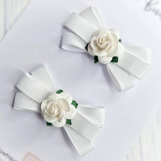 White Ribbon Flower Hair Bows, Flower Girl hair accessories for wholesale by Gracie Rose Bowtique