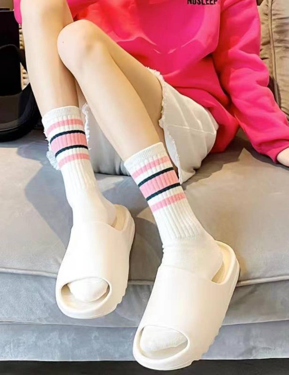 Sweetkama - Vente Chaussettes – femme - Chaussettes femme à rayures color block montant au-dessus de la cheville4