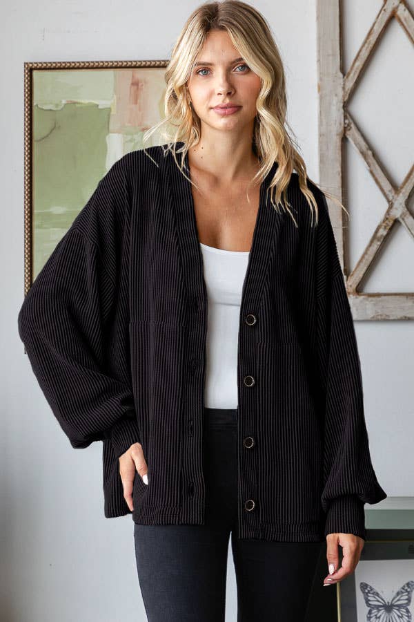 7th Ray - Wholesale Cardigan - Women's - Solid Rib Drop Shoulder Button Balloon Sleeve Cardigan T57450