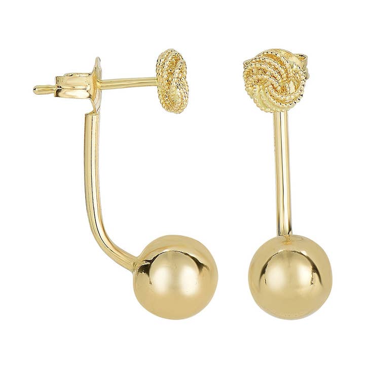 14Kt Yellow Gold 25.2X8mm Diamond Cut 4 Row Loveknot Post On Shiny 8mm Ball Drop Earring On Post With Push Back Clasp for wholesale by The Diamond Deal