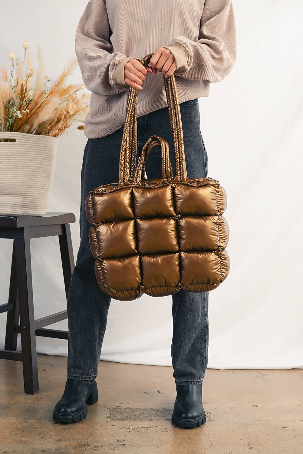 Gold Large Capacity Quilted Puffer Tote Bag | One Size for wholesale on Faire3