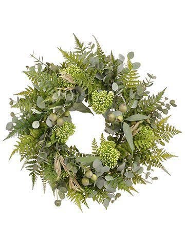 Silk Flower Depot - Vente Couronne - Couronne de 27" en eucalyptus/sédum/fougère verte0