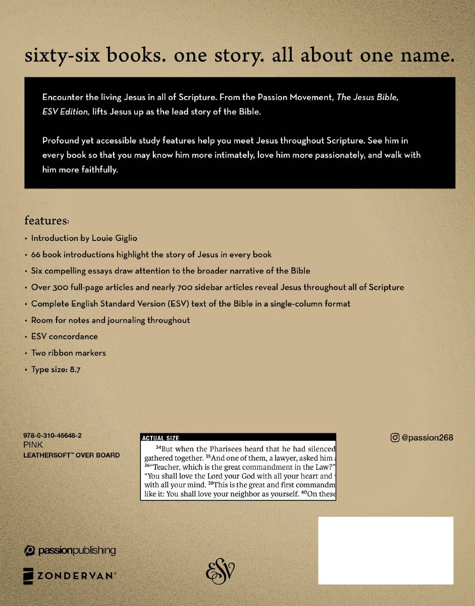 HarperCollins Christian Publishing - Wholesale Religion - ESV The Jesus Bible Leathersoft Over Board Pink10