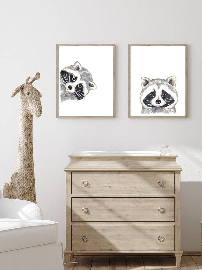 Set of 2 raccoon peeking painting print for wholesale by Goodfairyart