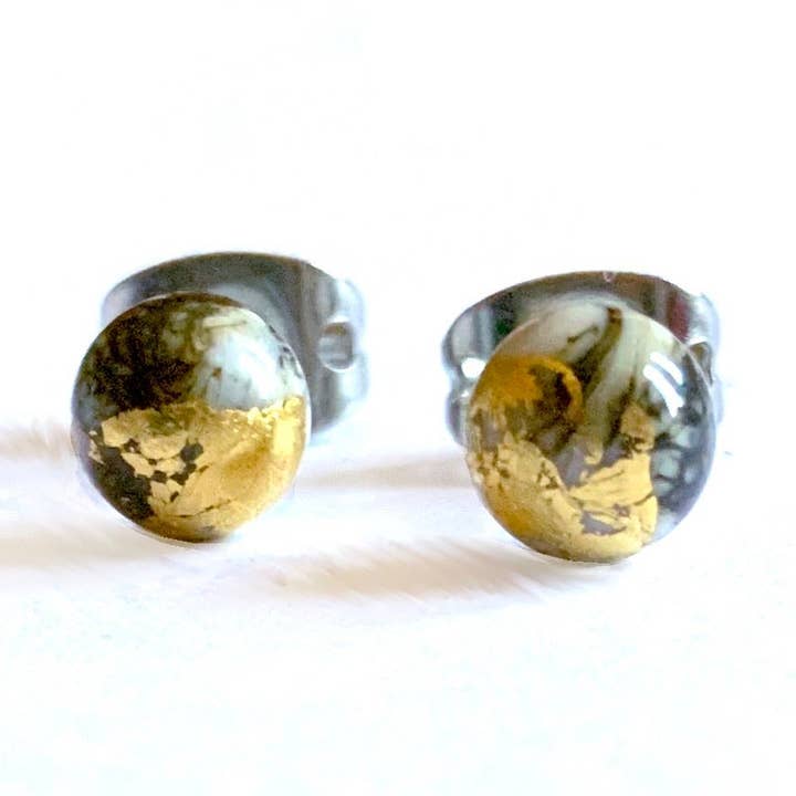 Stone Mini Marble Studs, Handmade Glass and Gold for wholesale by Helen Chalmers