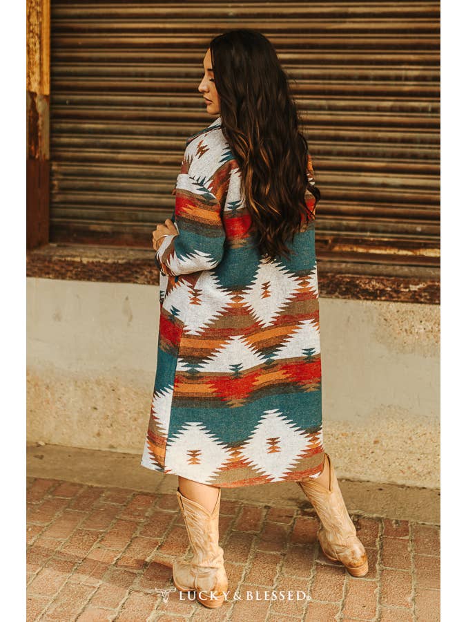 LUCKY & BLESSED - Wholesale Coat - Women's - Plus Size Blue Teal Aztec Button Down Coat