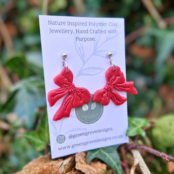 Christmas Red Ribbon Hand Crafted Polymer Clay Drop Studs for wholesale by Green Grove Designs