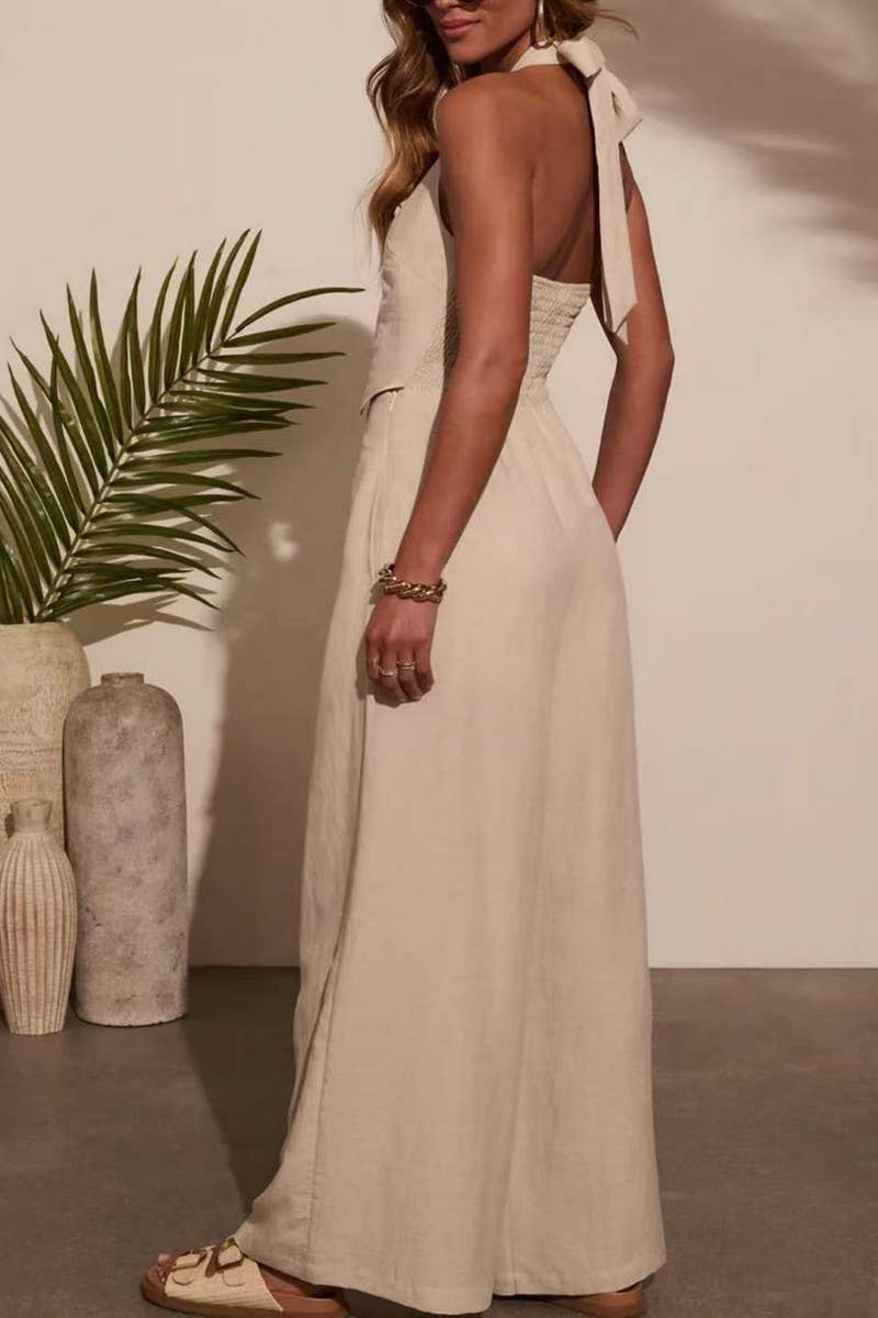 NINEXIS - Wholesale Jumpsuit - Women's - CWSJS1702_SOLID LINEN SLEEVELESS VEST WIDE LEG JUMPSUIT1